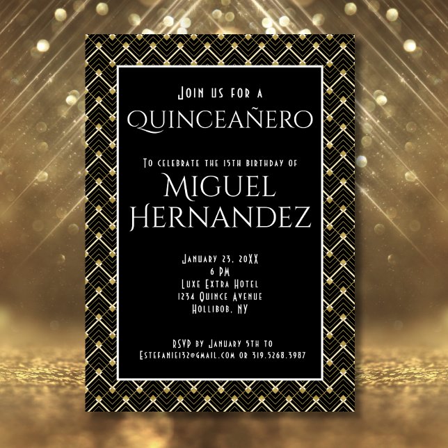 Invitación Art Deco Negro y Oro Quinceañero 15º cumpleaños (Subido por el creador)