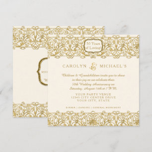 Invitación Art Deco Nouveau 50 Aniversario Dorado Crema