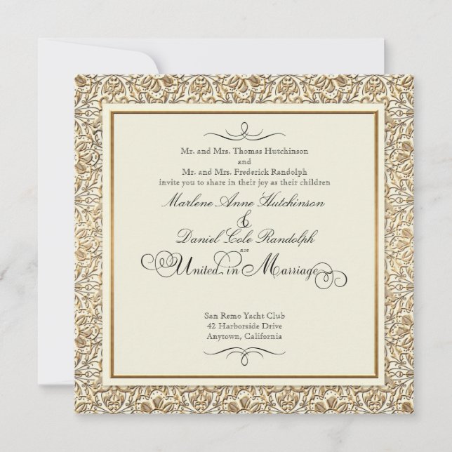 Invitación Art Deco Nouveau Faux Gold Floral Damask Lace (Anverso)