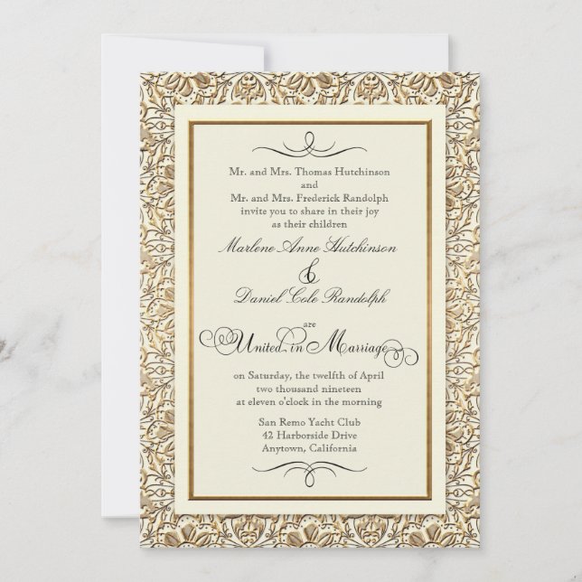 Invitación Art Deco Nouveau Faux Gold Floral Damask Lace (Anverso)
