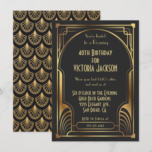 Invitación Art Deco Nouveau Fiesta de cumpleaños Gold y Black (Anverso / Reverso)