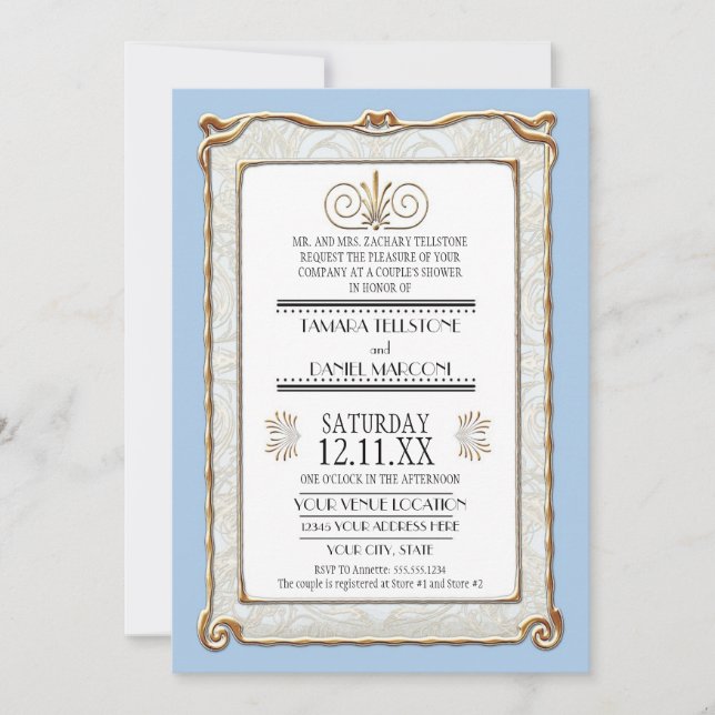 Invitación Art Decó Nouveau Gatsby Estilo Oro y Encanto (Anverso)