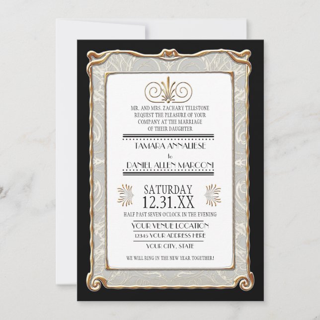 Invitación Art Decó Nouveau Gatsby Estilo Oro y Encanto (Anverso)