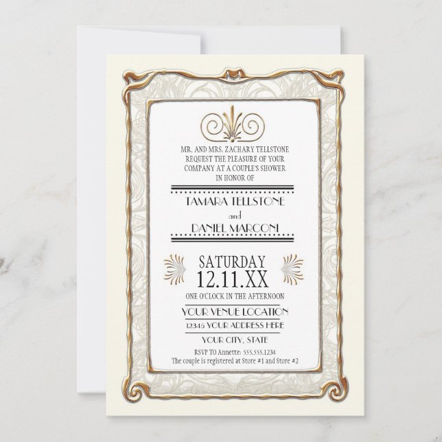 Invitación Art Decó Nouveau Gatsby Estilo Oro y Encanto (Anverso)