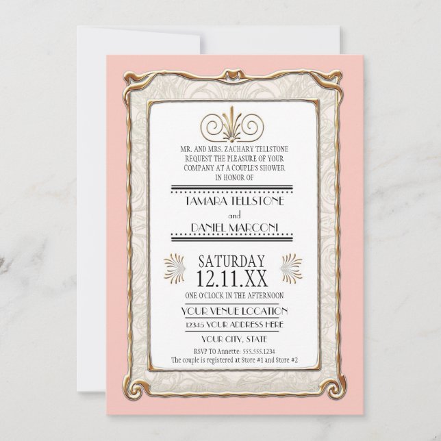 Invitación Art Decó Nouveau Gatsby Estilo Oro y Encanto (Anverso)
