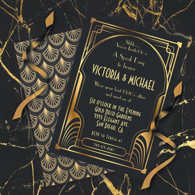 Invitación Art Deco Nouveau habla Fiesta fácil oro y negro (Subido por el creador)