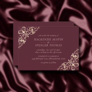 Invitación Art Deco Nouveau Rosa de Borgoña Boda de oro
