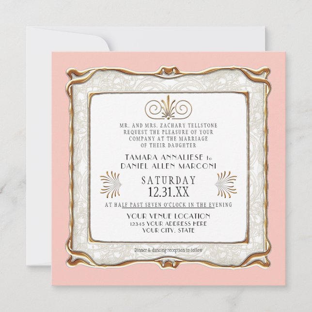 Invitación Art Deco Oro Rosa Nouveau Gatsby Elegante Boda (Anverso)