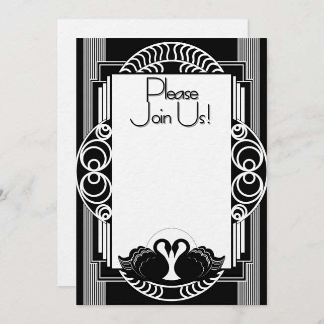 Invitación Art Deco Parisian Black and White Swans (Anverso / Reverso)