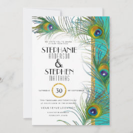 Invitación Art Deco Peacock Feather Boda Verde azulado de oro