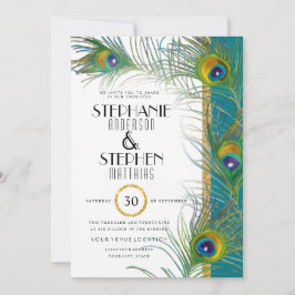 Invitación Art Deco Peacock Feathers Oro Purpurina Tipografía