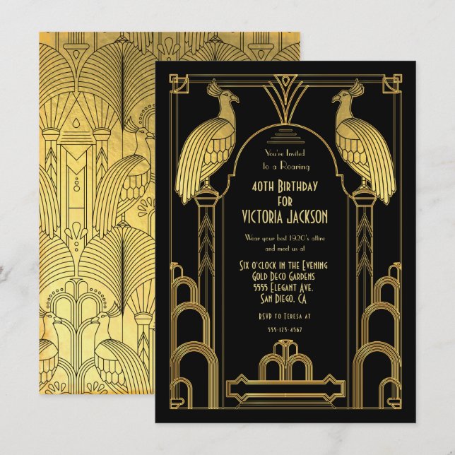 Invitación Art Deco Peacock Fiesta de cumpleaños oro y negro (Anverso / Reverso)