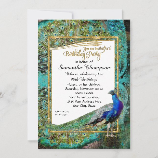 Invitación Art Deco Peacock Gold Purpurina Hollywood Cumpleañ (Anverso)
