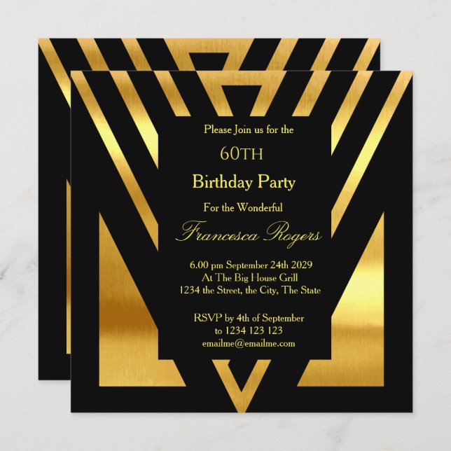 Invitación ART DECO Popular 60 cumpleaños fiesta de oro negro (Anverso / Reverso)