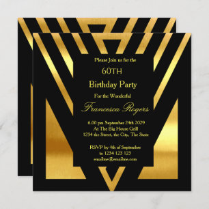 Invitación ART DECO Popular 60 cumpleaños fiesta de oro negro