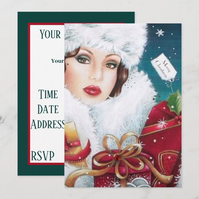 Invitación Art deco retro vintage Christmas lady fiesta (Anverso / Reverso)