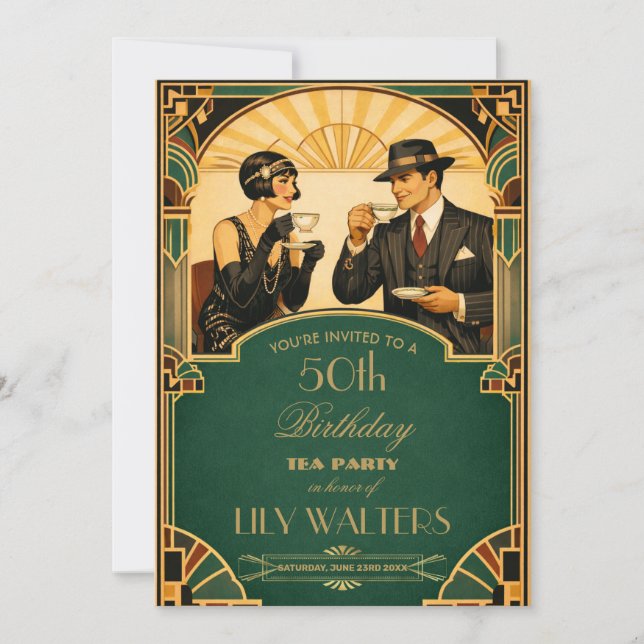 Invitación Art Deco Roaring 20s Gatsby Tea Birthday Party (Anverso)