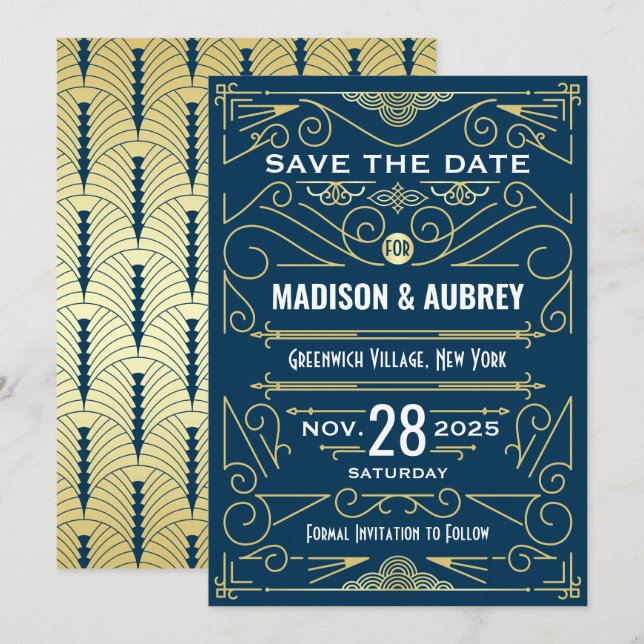 Invitación Art Deco Salvar la fecha Boda Elegante Oro Azul (Anverso / Reverso)