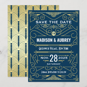 Invitación Art Deco Salvar la fecha Boda Elegante Oro Azul