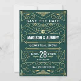 Invitación Art Deco Salvar la fecha Boda Elegante Oro Verde