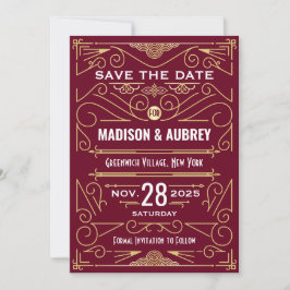 Invitación Art Deco Salve la fecha Boda oro Borgoña