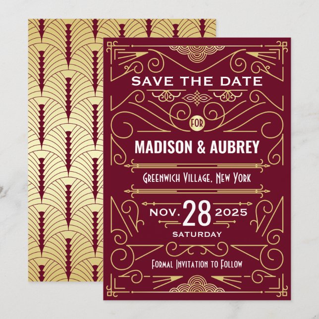 Invitación Art Deco Salve la fecha Boda oro Borgoña (Anverso / Reverso)