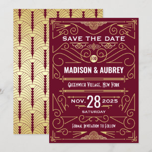 Invitación Art Deco Salve la fecha Boda oro Borgoña