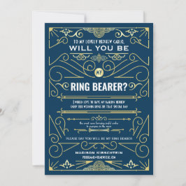 Invitación Art Deco Serás Mi Bearer Oro Azul Oscuro