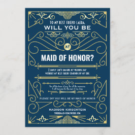 Invitación Art Deco serás mi doncella de honor oro azul
