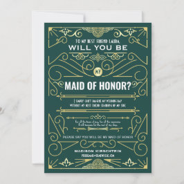 Invitación Art Deco serás mi doncella de honor oro verde