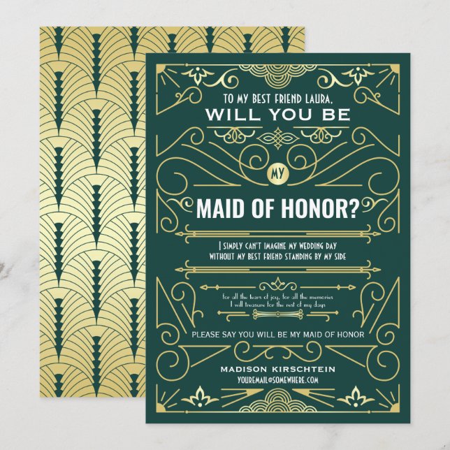 Invitación Art Deco serás mi doncella de honor oro verde (Anverso / Reverso)