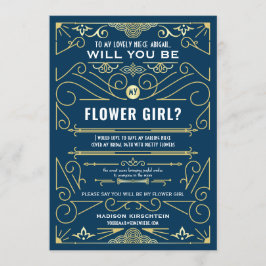 Invitación Art Decó Serás Mi Flor Niña Oro Azul