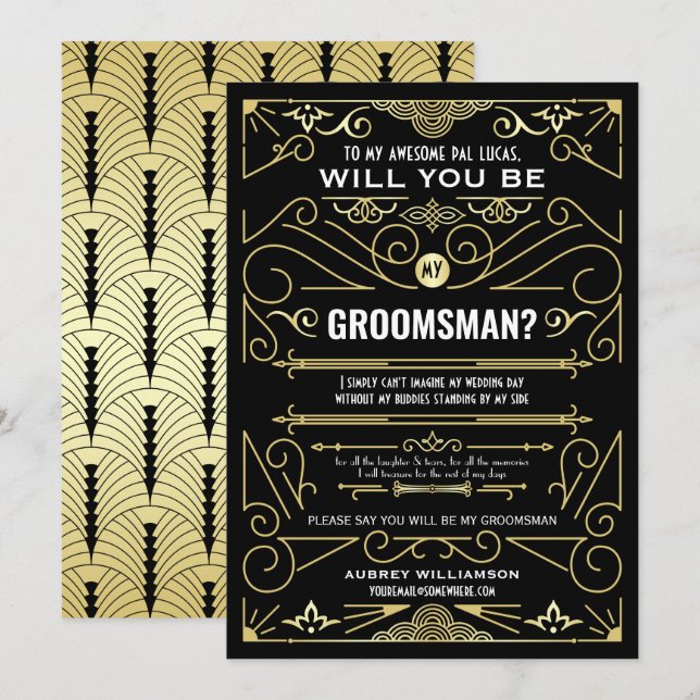 Invitación Art Deco Serás Mi Groomsman Gold Black (Anverso / Reverso)