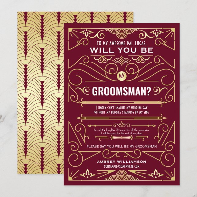 Invitación Art Deco Serás Mi Groomsman Gold Burgundy (Anverso / Reverso)