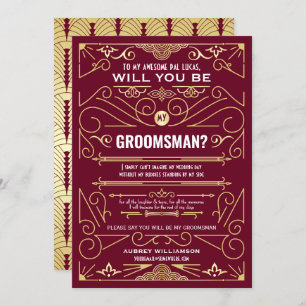 Invitación Art Deco Serás Mi Groomsman Gold Burgundy