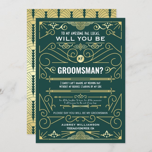 Invitación Art Deco Serás Mi Groomsman Gold Green (Anverso / Reverso)