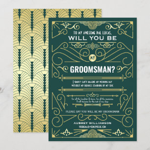 Invitación Art Deco Serás Mi Groomsman Gold Green