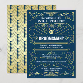 Invitación Art Deco Serás Mi Groomsman Oro Azul Oscuro