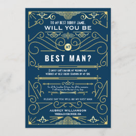 Invitación Art Deco Serás Mi Mejor Boda Oro Azul