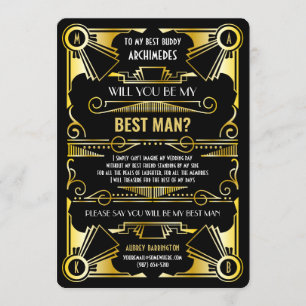 Invitación Art Decó Serás Mi Mejor Hombre Oro Y Negro
