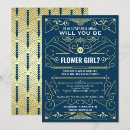 Invitación Art Deco Serás Mi Niña De Flores Oro Azul Oscuro