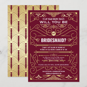 Invitación Art Deco Serás Mi Novia Dorada Borgoña