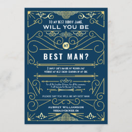 Invitación Art Deco ¿Serás Mi Padrino de Boda Azul Dorado Bod