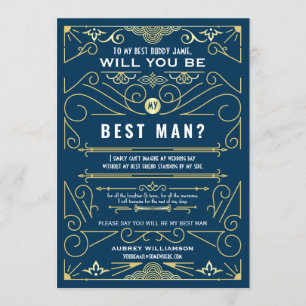 Invitación Art Deco ¿Serás Mi Padrino de Boda Azul Dorado Bod