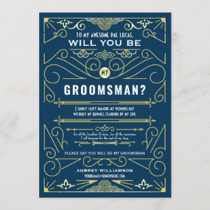 Invitación Art Deco ¿Serás mi Padrino de Boda Dorado Azul