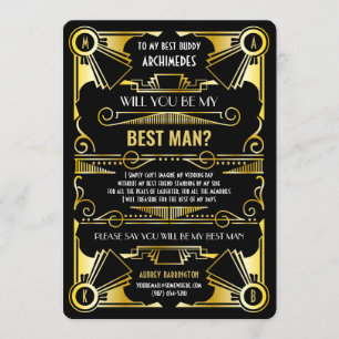 Invitación Art Deco ¿Serás mi padrino de bodas? Dorado y negr