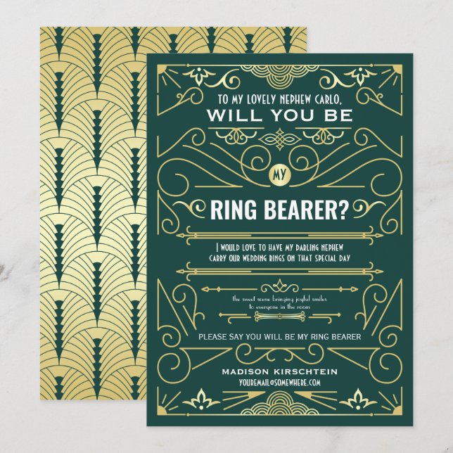 Invitación Art Deco Serás Mi Ring Bearer Gold Green (Anverso / Reverso)