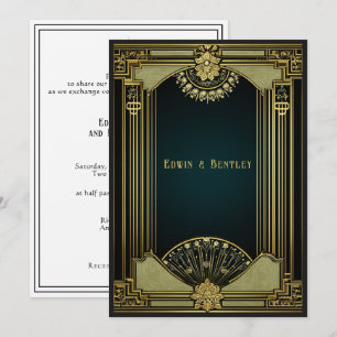 Invitación Art Deco Sofisticado Oro, Negro y Verde Salvia