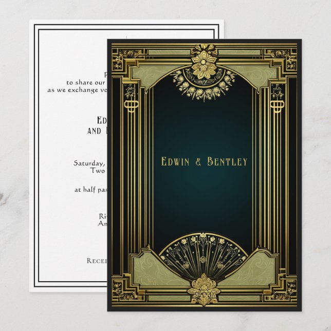 Invitación Art Deco Sofisticado Oro, Negro y Verde Salvia (Anverso / Reverso)