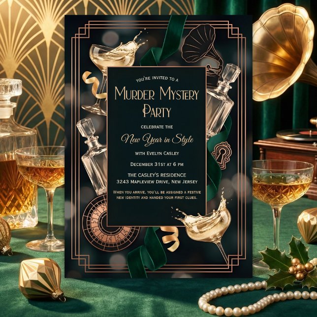 Invitación Art Deco Speakeasy Murder Mystery New Year Party (Speakeasy Murder Mystery New Year – Art Deco Black & Gold, Champagne, Personalized)